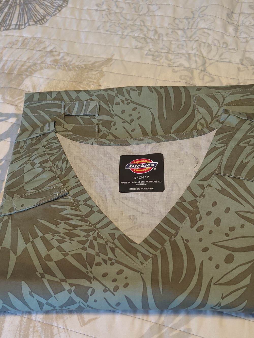 Dickies Olive and Sage Tropical Print V-Neck Scrub Top